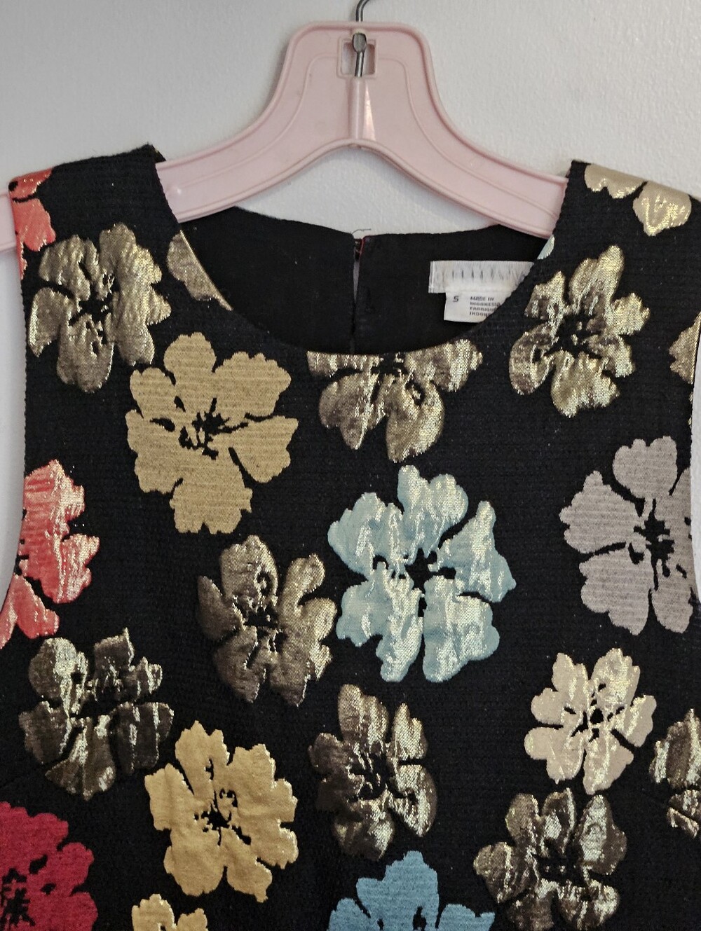 Floral Metallic Jacquard Shift Dress - Black with Multicolor Flowers - Picture 2 of 11